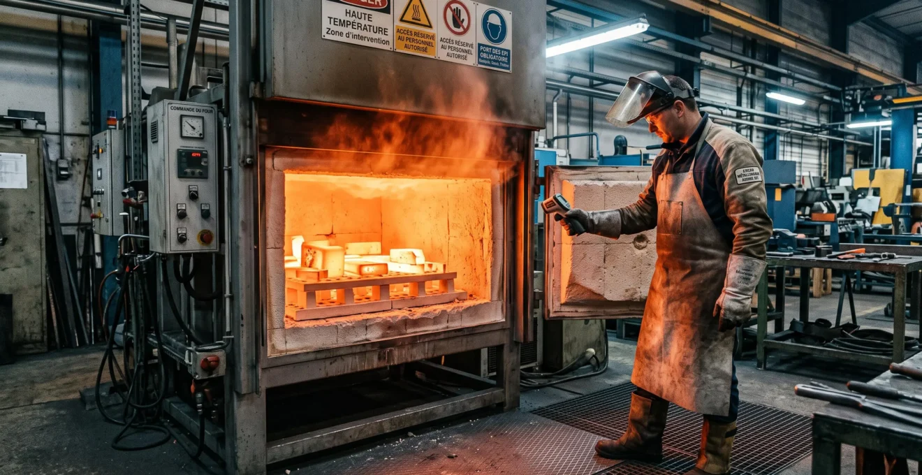 Atelier de métallurgie avec four de traitement thermique au gaz naturel montrant des pièces métalliques rougeoyantes, ouvrier en tenue ignifuge contrôlant la température du procédé