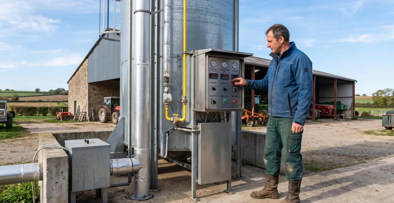 Exploitation agricole française avec installation de séchage de céréales alimentée au gaz naturel, exploitant en tenue de travail contrôlant les paramètres du séchoir
