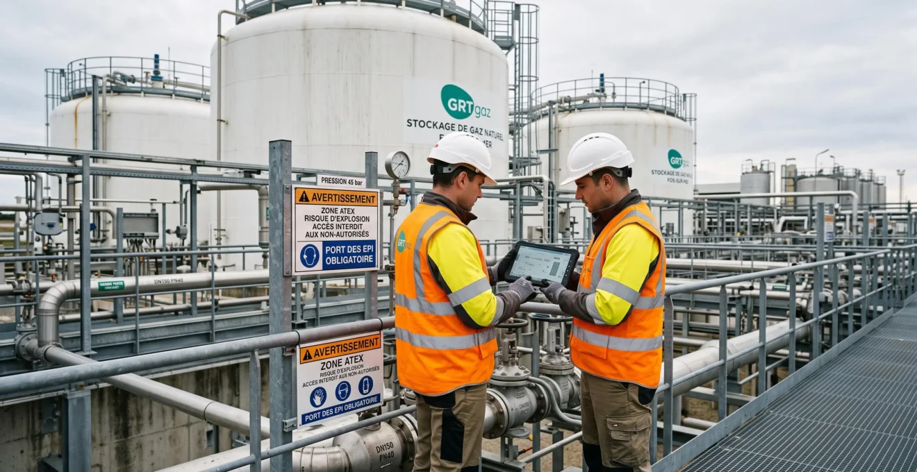 Installation industrielle de stockage de gaz naturel en France avec cuves métalliques blanches, réseau de canalisations et technicien en gilet de sécurité effectuant une inspection technique de l'équipement