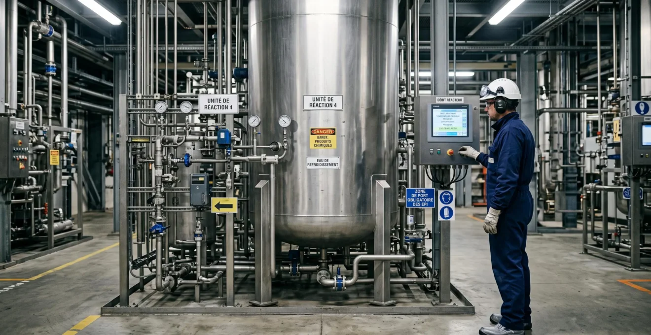 Unité de production chimique industrielle avec réacteur en acier inoxydable et réseau de canalisations, opérateur en tenue de protection contrôlant les paramètres de synthèse sur panneau de commande