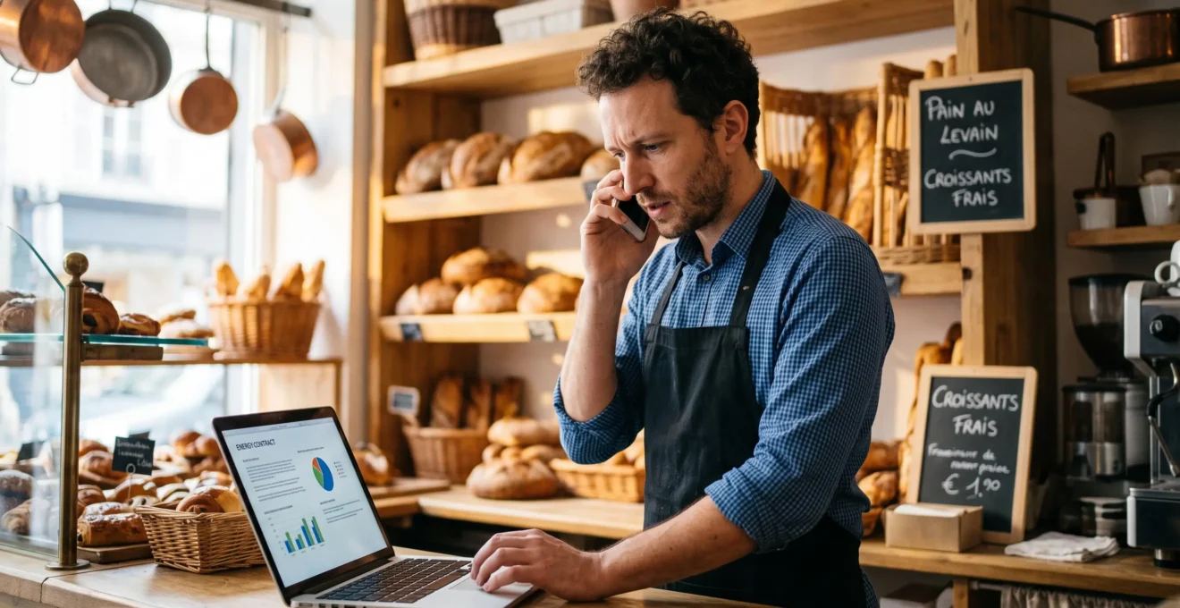 Un boulanger négocie une offre de gaz au téléphone derrière son comptoir.