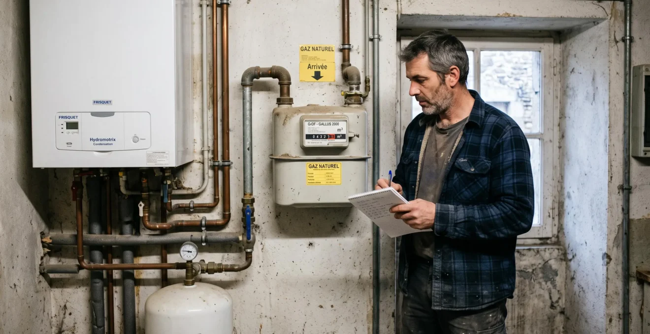 Un gérant de commerce relève son compteur de gaz à côté de la chaudière.