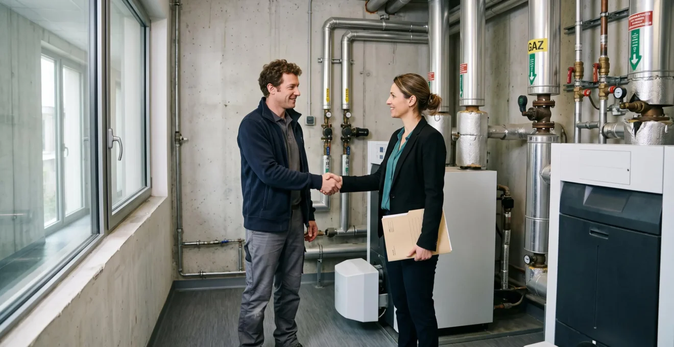 Un technicien et une responsable vérifient une installation de gaz dans un local technique.